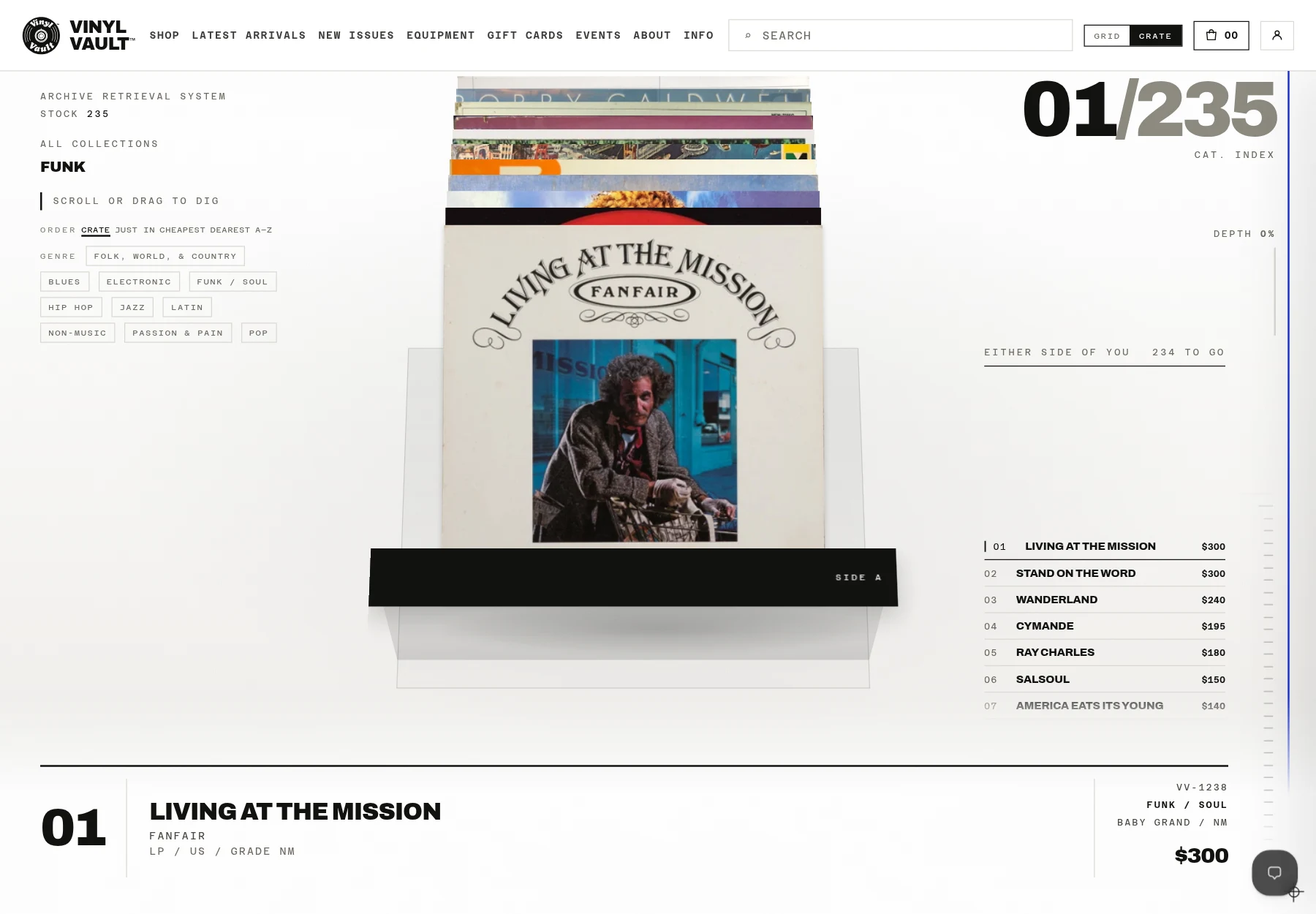 Vinyl Vault’s crate browser, with layered record sleeves and pressing details.