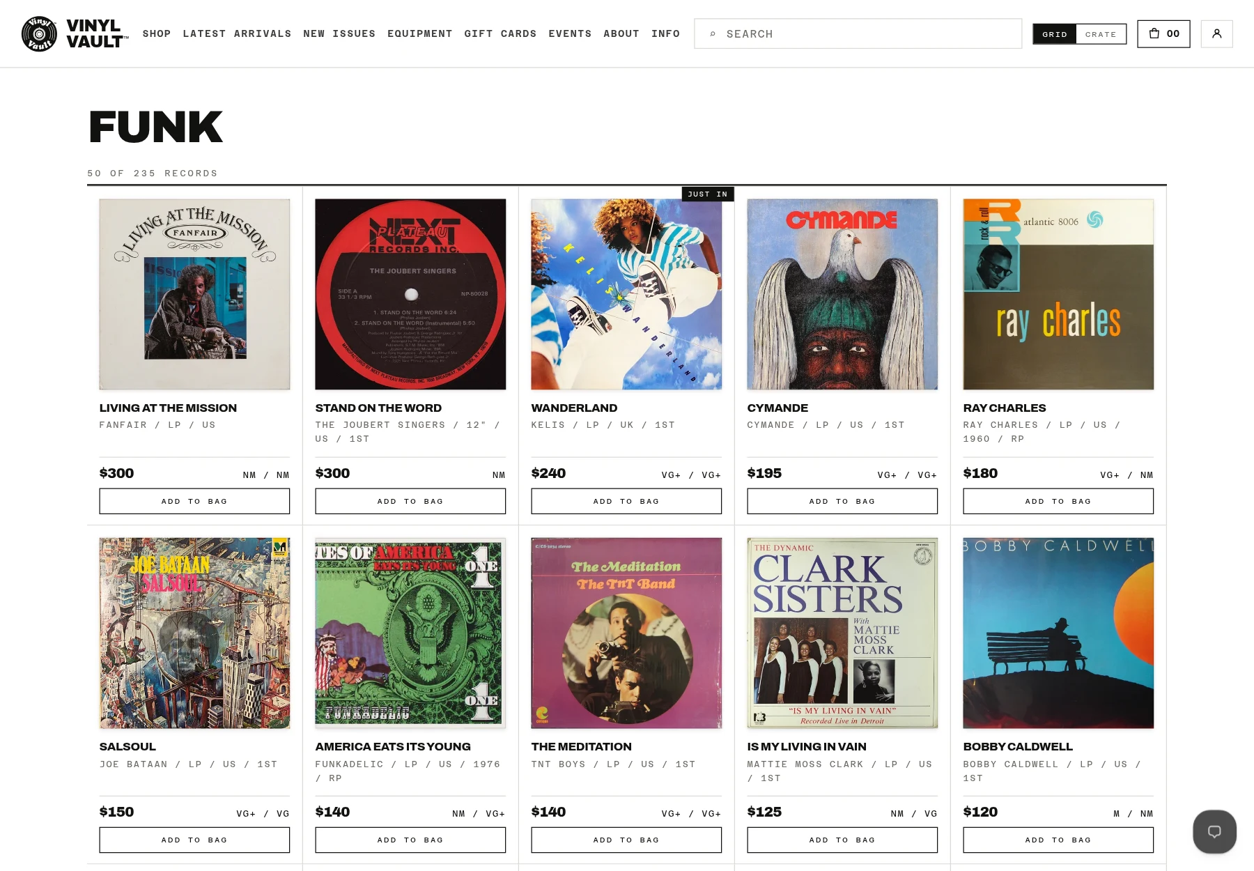 Vinyl Vault's grid view displaying record covers with titles, prices, and condition grades.