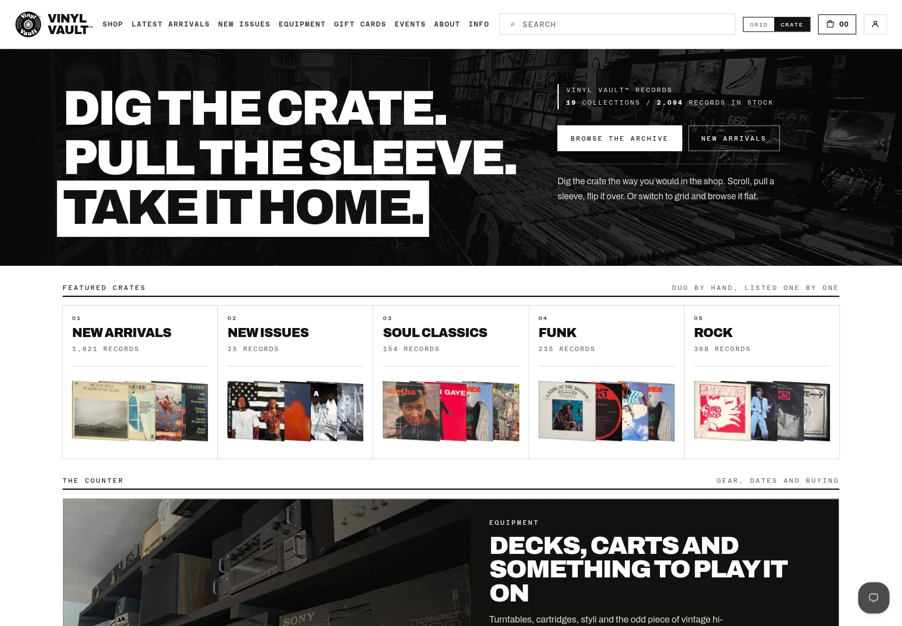 Vinyl Vault homepage introducing the record archive and its featured collections.